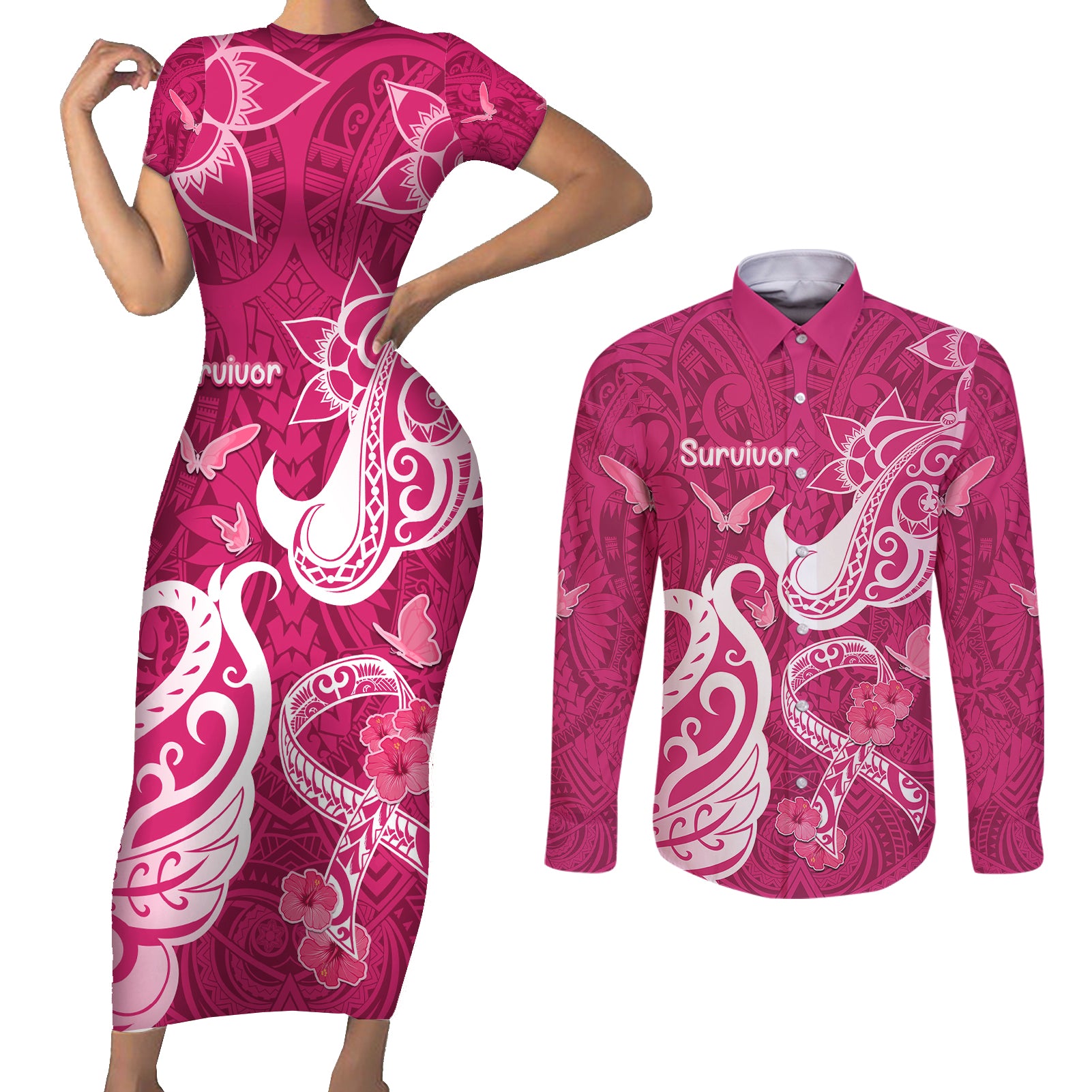 Personalized Breast Cancer Awareness Couples Matching Short Sleeve Bodycon Dress and Long Sleeve Button Shirts Ribbon Polynesian Pattern Pink Version LT05 Pink - Polynesian Pride