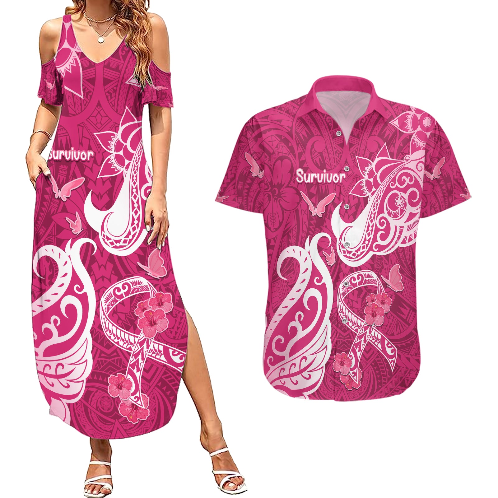 Personalized Breast Cancer Awareness Couples Matching Summer Maxi Dress and Hawaiian Shirt Ribbon Polynesian Pattern Pink Version LT05 Pink - Polynesian Pride