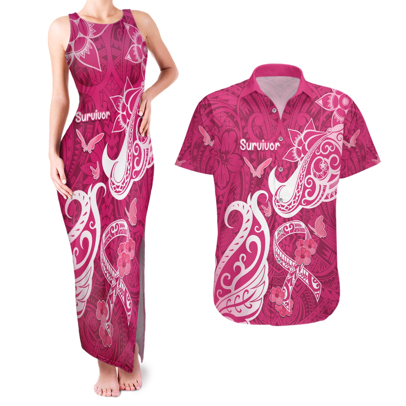 Personalized Breast Cancer Awareness Couples Matching Tank Maxi Dress and Hawaiian Shirt Ribbon Polynesian Pattern Pink Version LT05 Pink - Polynesian Pride