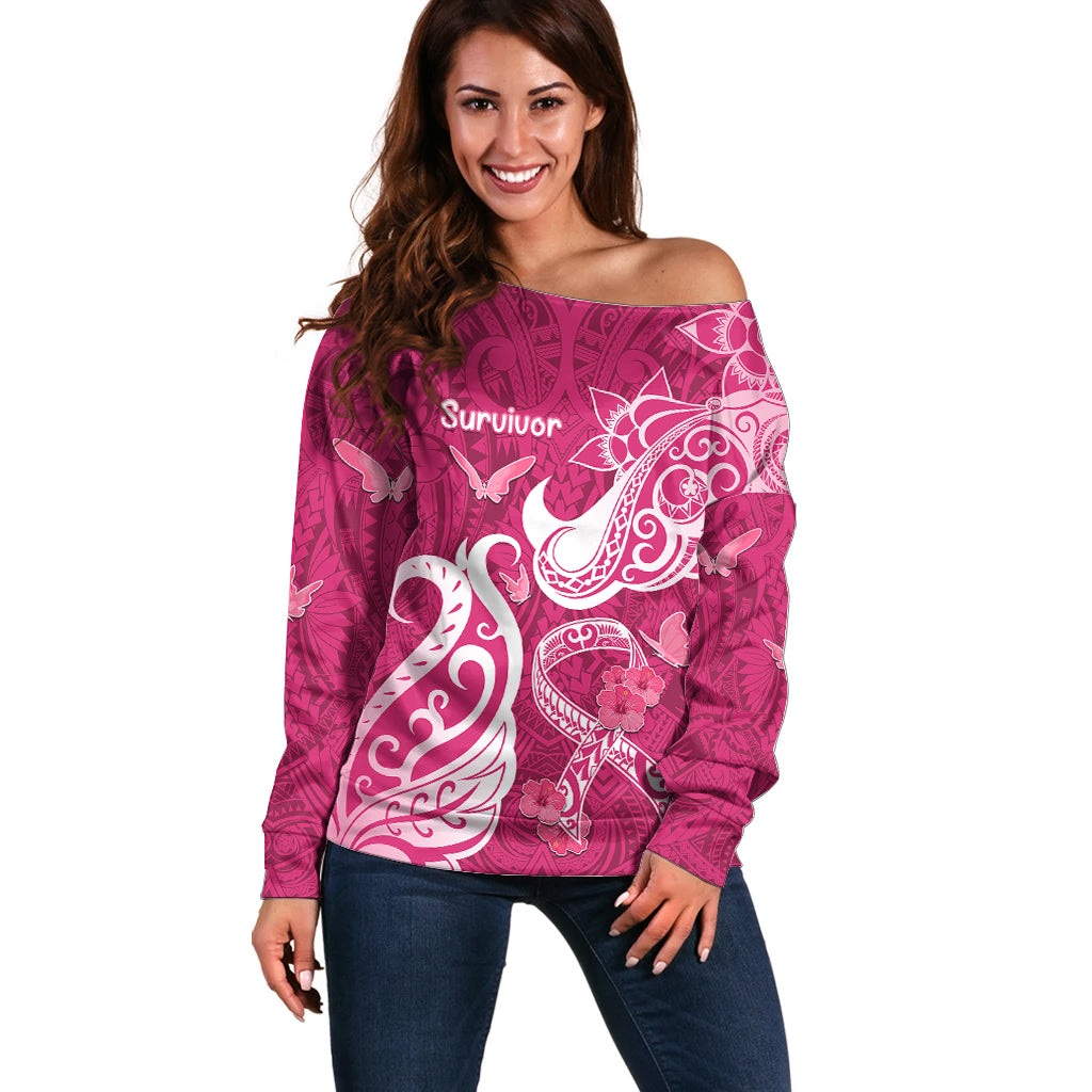 Personalized Breast Cancer Awareness Off Shoulder Sweater Ribbon Polynesian Pattern Pink Version LT05 Women Pink - Polynesian Pride