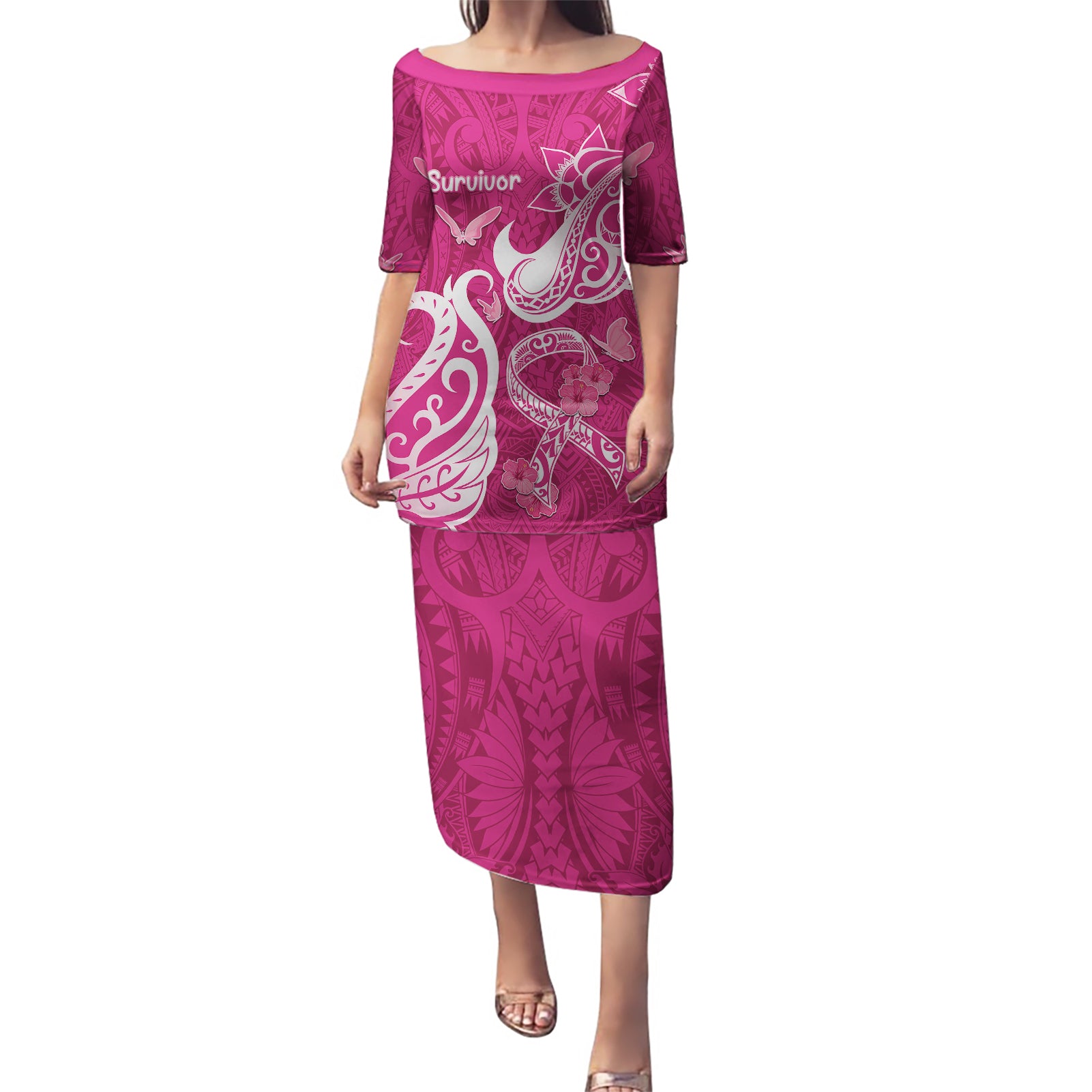 Personalized Breast Cancer Awareness Puletasi Ribbon Polynesian Pattern Pink Version LT05 Long Dress Pink - Polynesian Pride