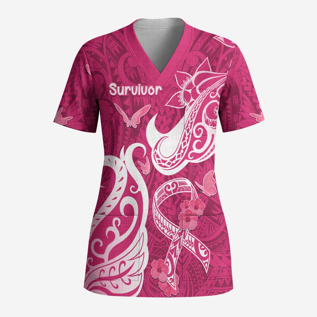 Personalized Breast Cancer Awareness Scrub Top Ribbon Polynesian Pattern Pink Version LT05 Adult Pink - Polynesian Pride