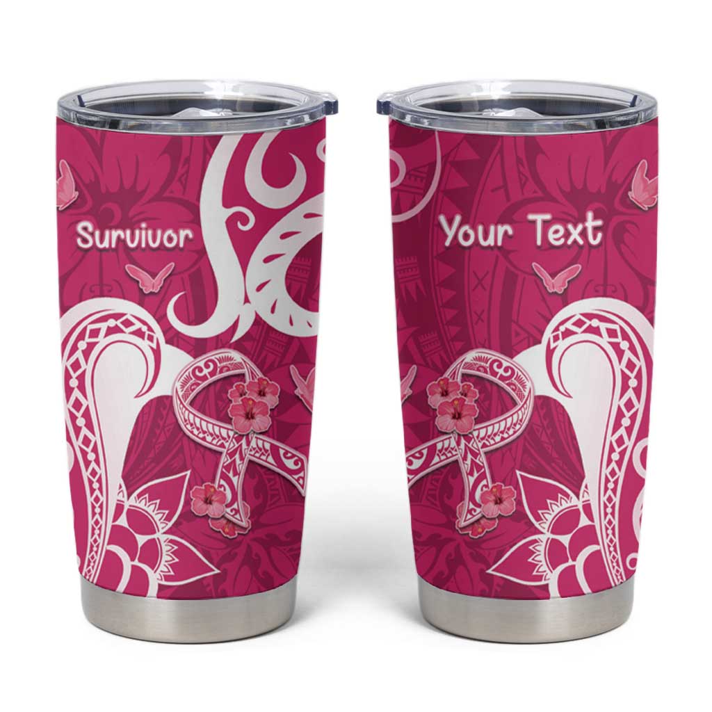 Personalized Breast Cancer Awareness Tumbler Cup Ribbon Polynesian Pattern Pink Version