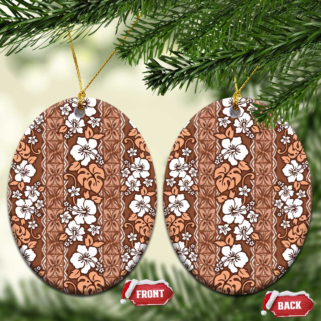 Hawaii Vintage Brown Hibiscus Tapa Pattern Ceramic Ornament LT05 Oval Brown - Polynesian Pride