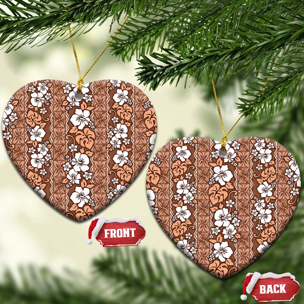 Hawaii Vintage Brown Hibiscus Tapa Pattern Ceramic Ornament LT05 Heart Brown - Polynesian Pride