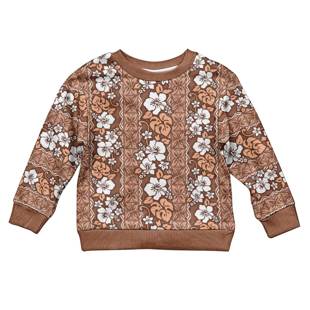 Hawaii Vintage Brown Hibiscus Tapa Pattern Kid Ugly Christmas Sweater LT05 Kid Brown - Polynesian Pride