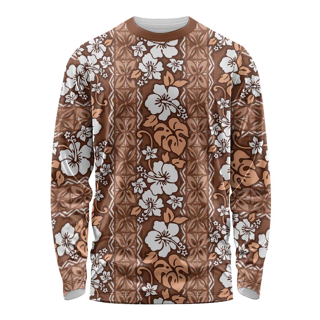 Hawaii Vintage Brown Hibiscus Tapa Pattern Long Sleeve Shirt LT05 Unisex Brown - Polynesian Pride