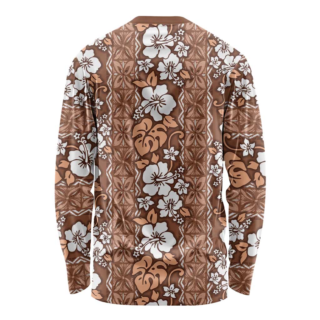 Hawaii Vintage Brown Hibiscus Tapa Pattern Long Sleeve Shirt LT05 - Polynesian Pride