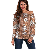 Hawaii Vintage Brown Hibiscus Tapa Pattern Off Shoulder Sweater LT05 Women Brown - Polynesian Pride