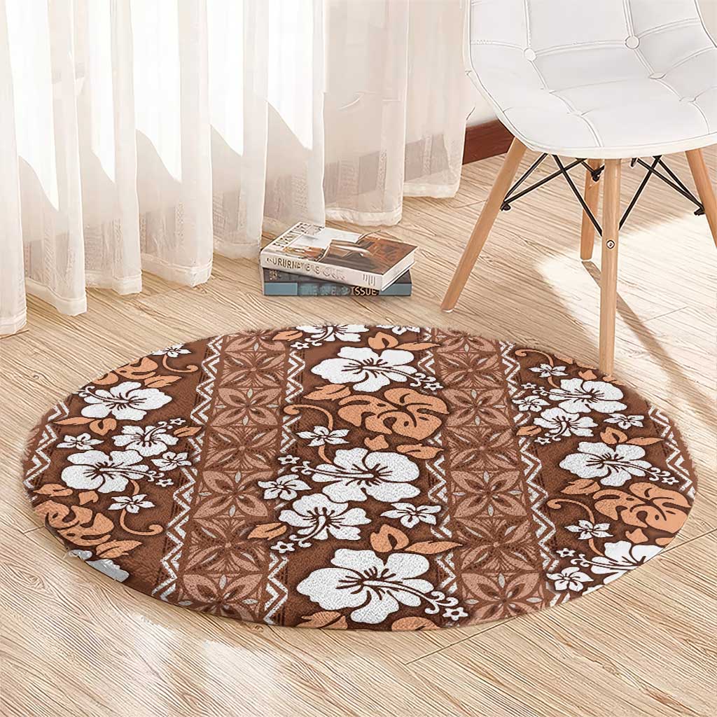 Hawaii Vintage Brown Hibiscus Tapa Pattern Round Carpet LT05 - Polynesian Pride