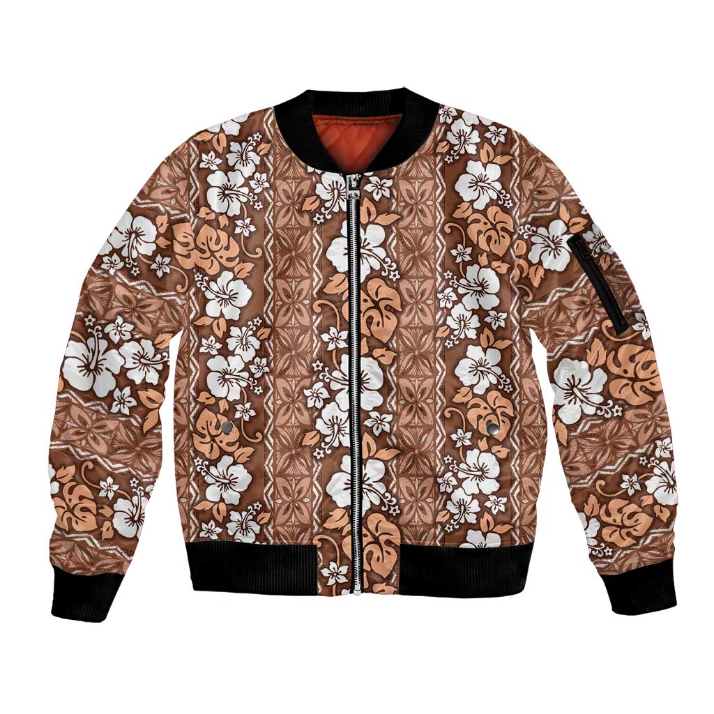 Hawaii Vintage Brown Hibiscus Tapa Pattern Sleeve Zip Bomber Jacket LT05 Unisex Brown - Polynesian Pride