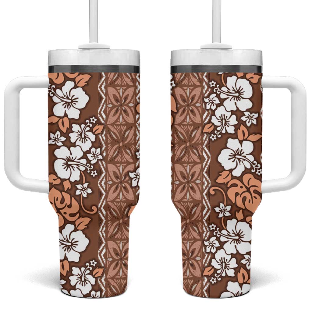 Hawaii Vintage Brown Hibiscus Tapa Pattern Tumbler With Handle LT05 One Size: 40 oz Brown - Polynesian Pride