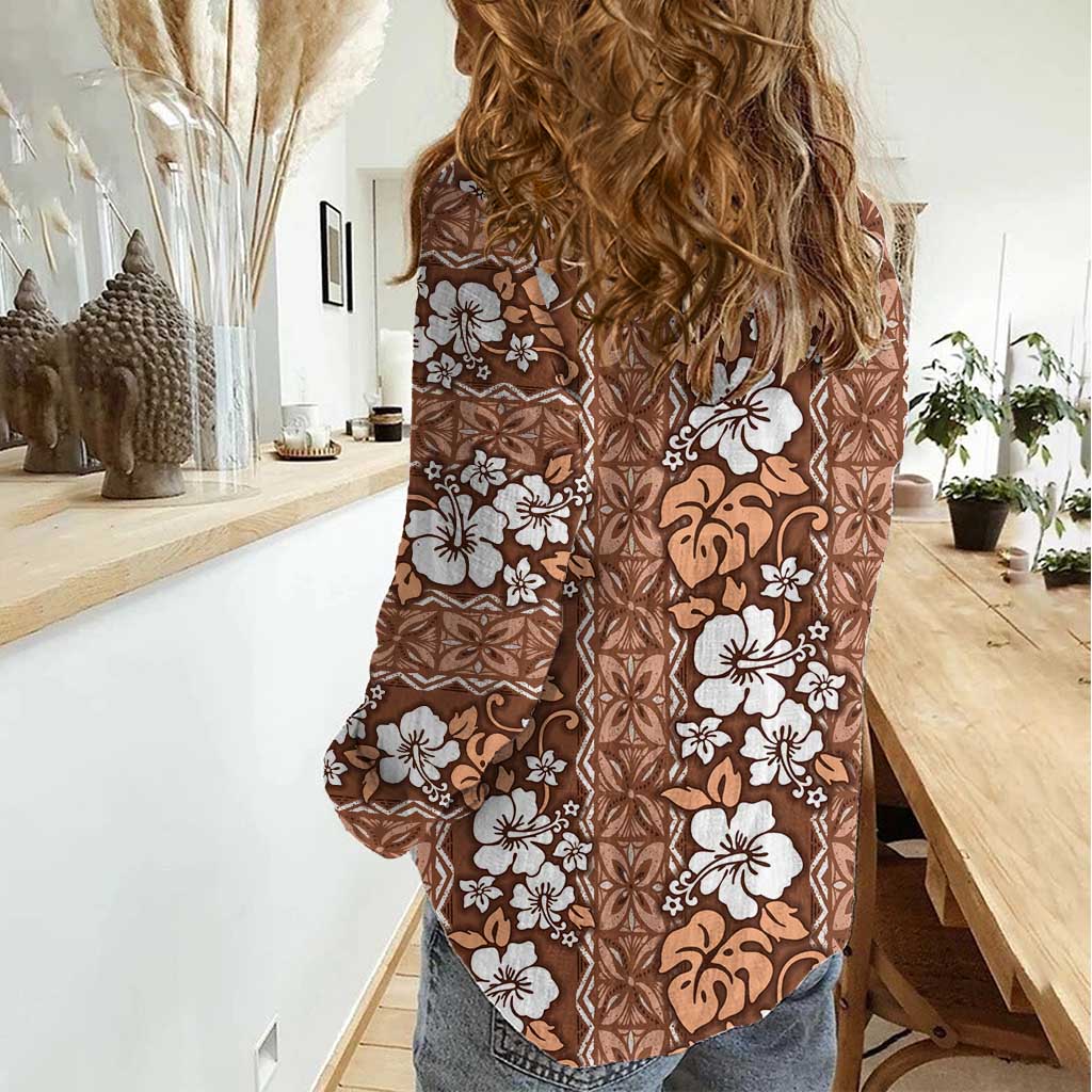 Hawaii Vintage Brown Hibiscus Tapa Pattern Women Casual Shirt LT05 - Polynesian Pride