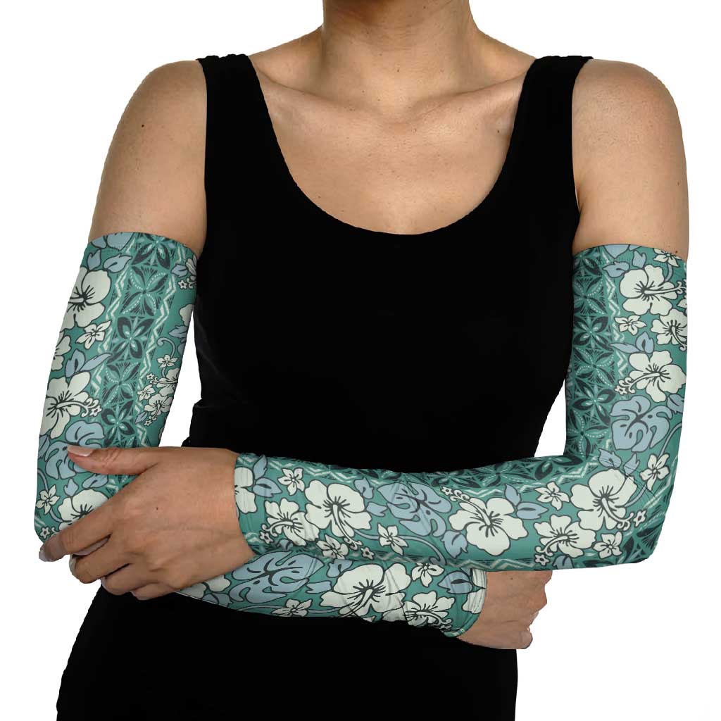 Hawaii Vintage Green Hibiscus Tapa Pattern Arm Sleeves LT05 - Polynesian Pride