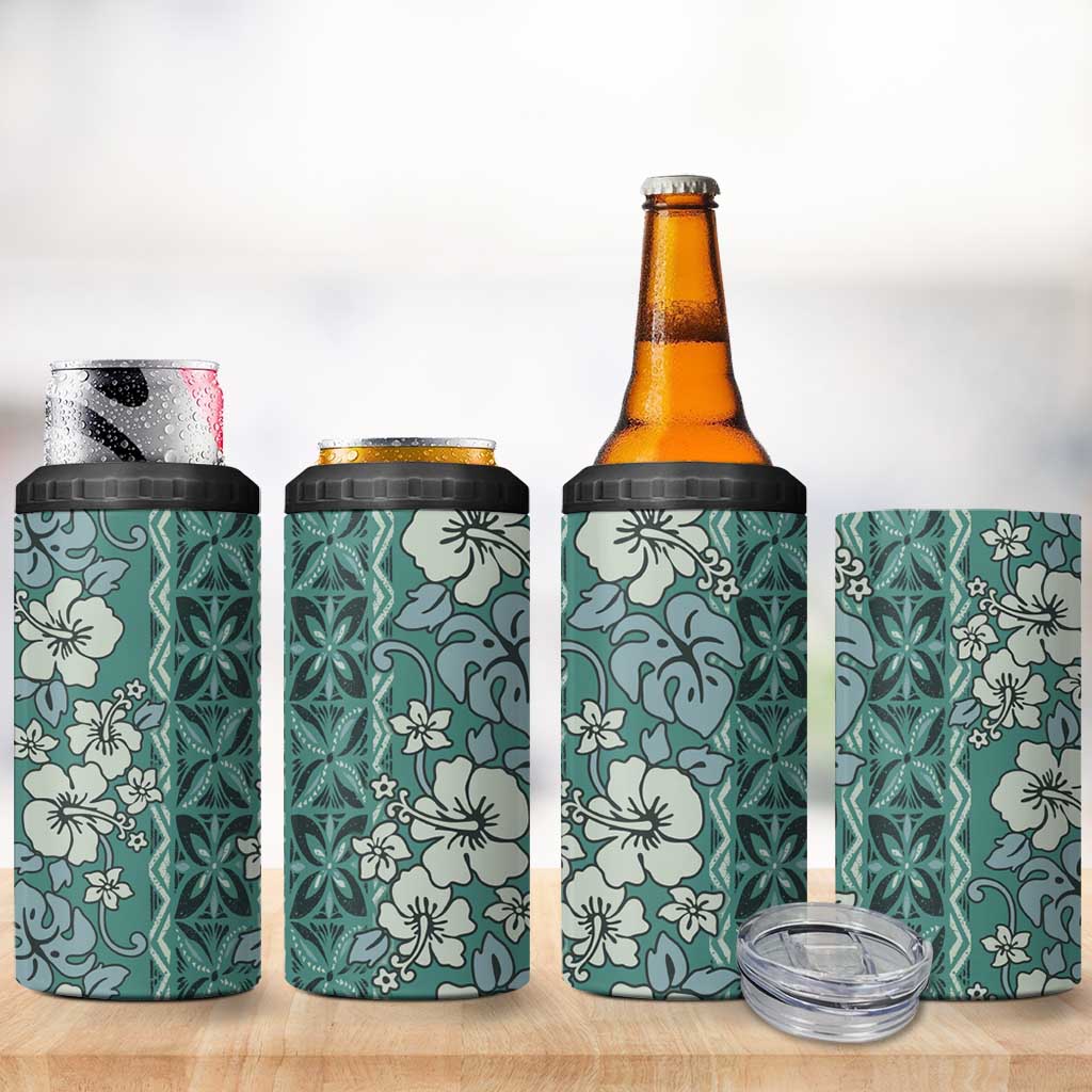 Hawaii Vintage Green Hibiscus Tapa Pattern 4 in 1 Can Cooler Tumbler LT05 - Polynesian Pride