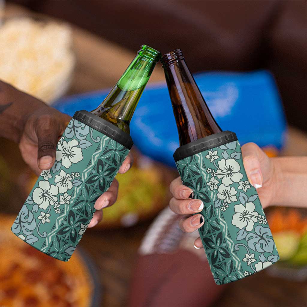Hawaii Vintage Green Hibiscus Tapa Pattern 4 in 1 Can Cooler Tumbler LT05 - Polynesian Pride