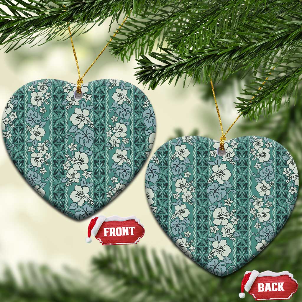 Hawaii Vintage Green Hibiscus Tapa Pattern Ceramic Ornament LT05 Heart Green - Polynesian Pride