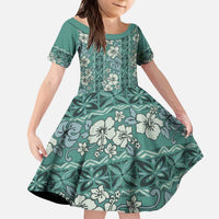 Hawaii Vintage Green Hibiscus Tapa Pattern Kid Short Sleeve Dress LT05 KID Green - Polynesian Pride
