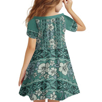 Hawaii Vintage Green Hibiscus Tapa Pattern Kid Short Sleeve Dress LT05 - Polynesian Pride
