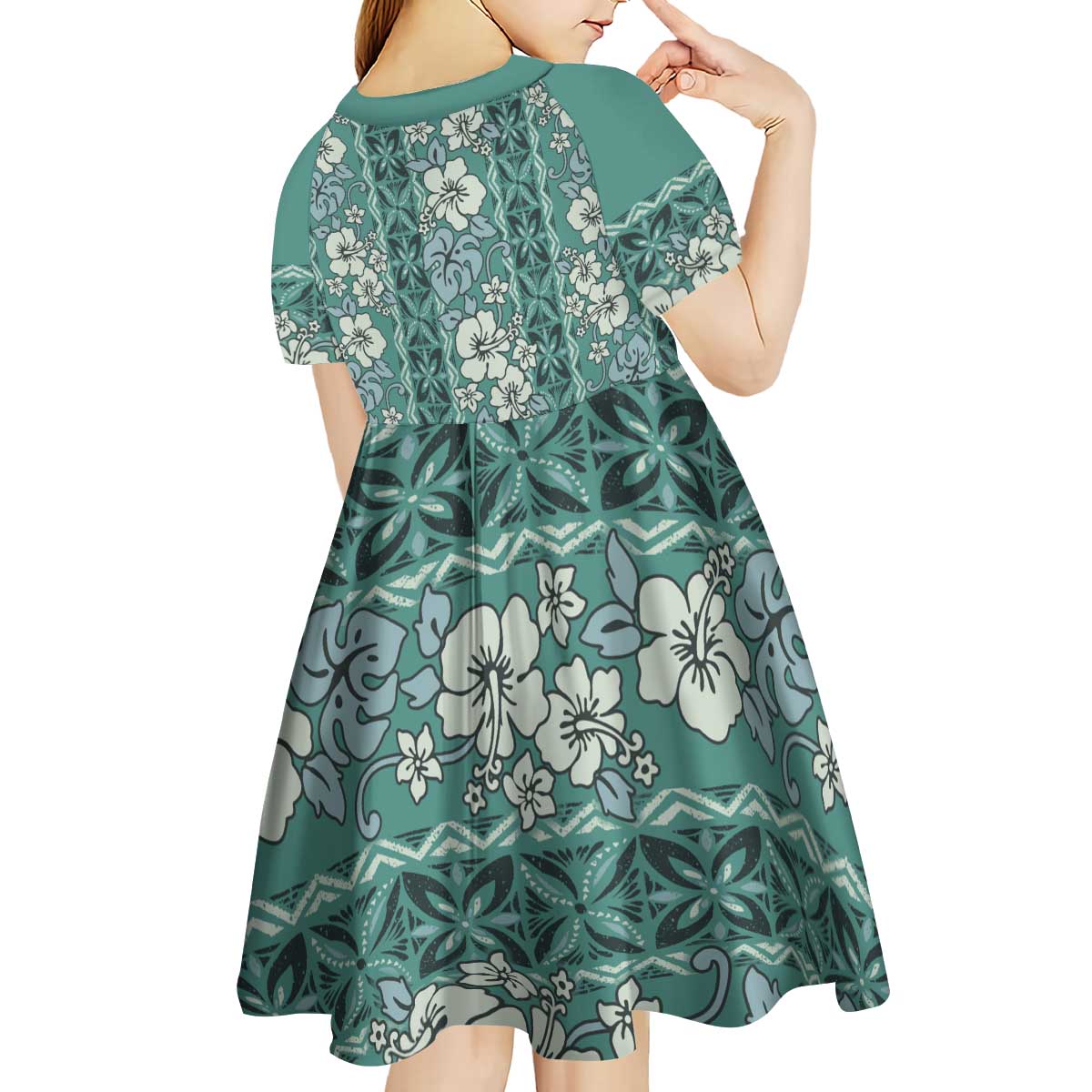 Hawaii Vintage Green Hibiscus Tapa Pattern Kid Short Sleeve Dress LT05 - Polynesian Pride