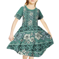 Hawaii Vintage Green Hibiscus Tapa Pattern Kid Short Sleeve Dress LT05 - Polynesian Pride