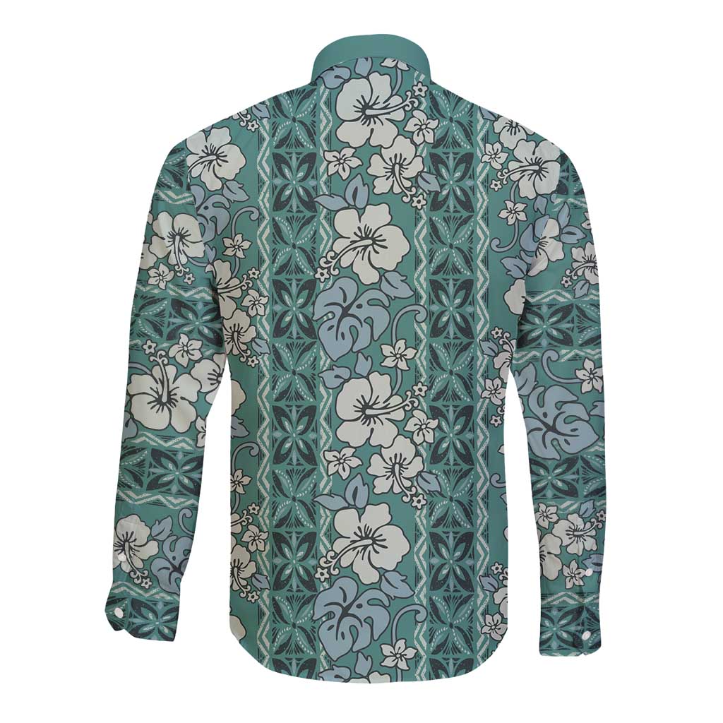 Hawaii Vintage Green Hibiscus Tapa Pattern Long Sleeve Button Shirt LT05 - Polynesian Pride