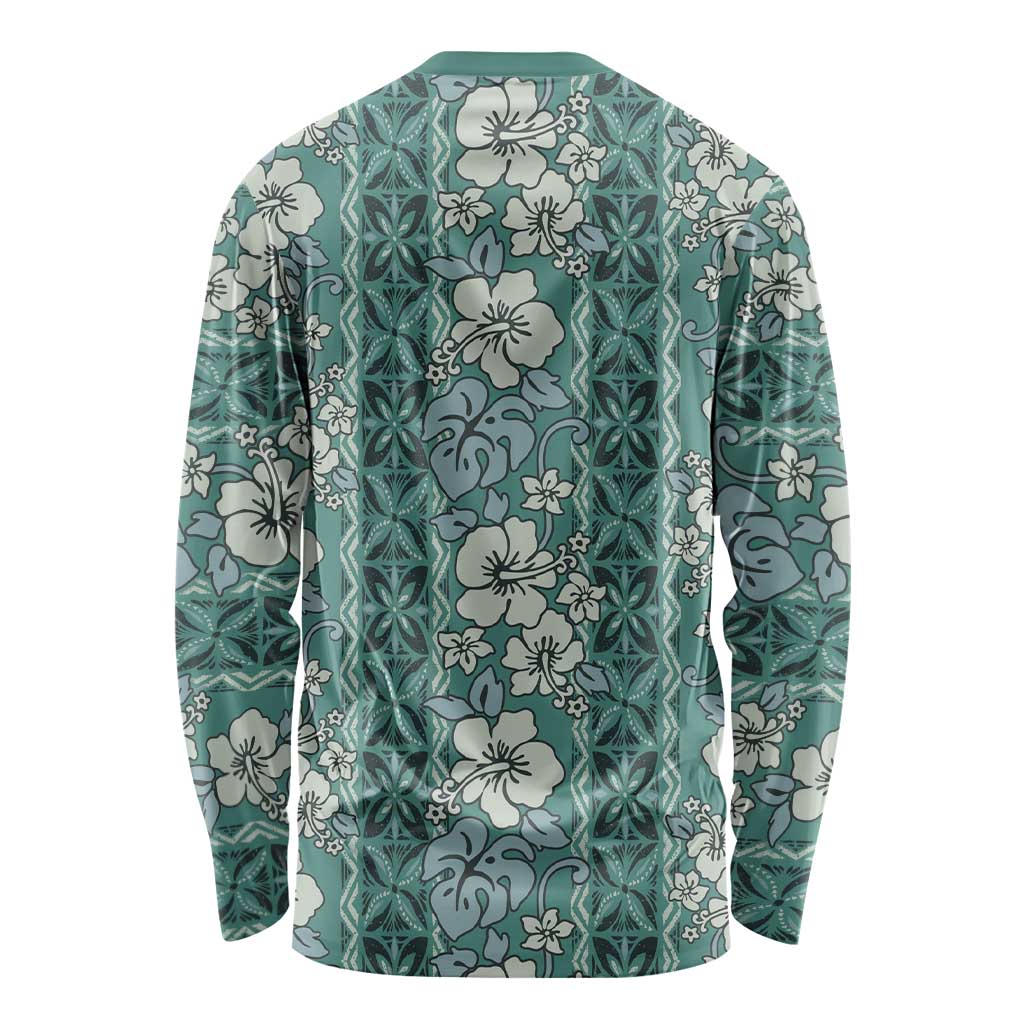 Hawaii Vintage Green Hibiscus Tapa Pattern Long Sleeve Shirt LT05 - Polynesian Pride