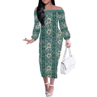 Hawaii Vintage Green Hibiscus Tapa Pattern Off The Shoulder Long Sleeve Dress LT05 Women Green - Polynesian Pride