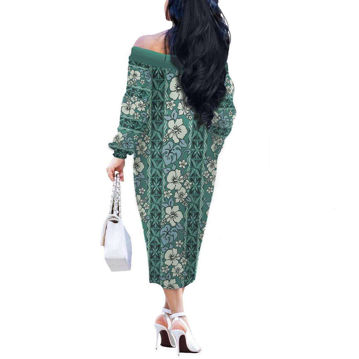 Hawaii Vintage Green Hibiscus Tapa Pattern Off The Shoulder Long Sleeve Dress LT05 - Polynesian Pride