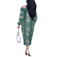 Hawaii Vintage Green Hibiscus Tapa Pattern Off The Shoulder Long Sleeve Dress LT05 - Polynesian Pride