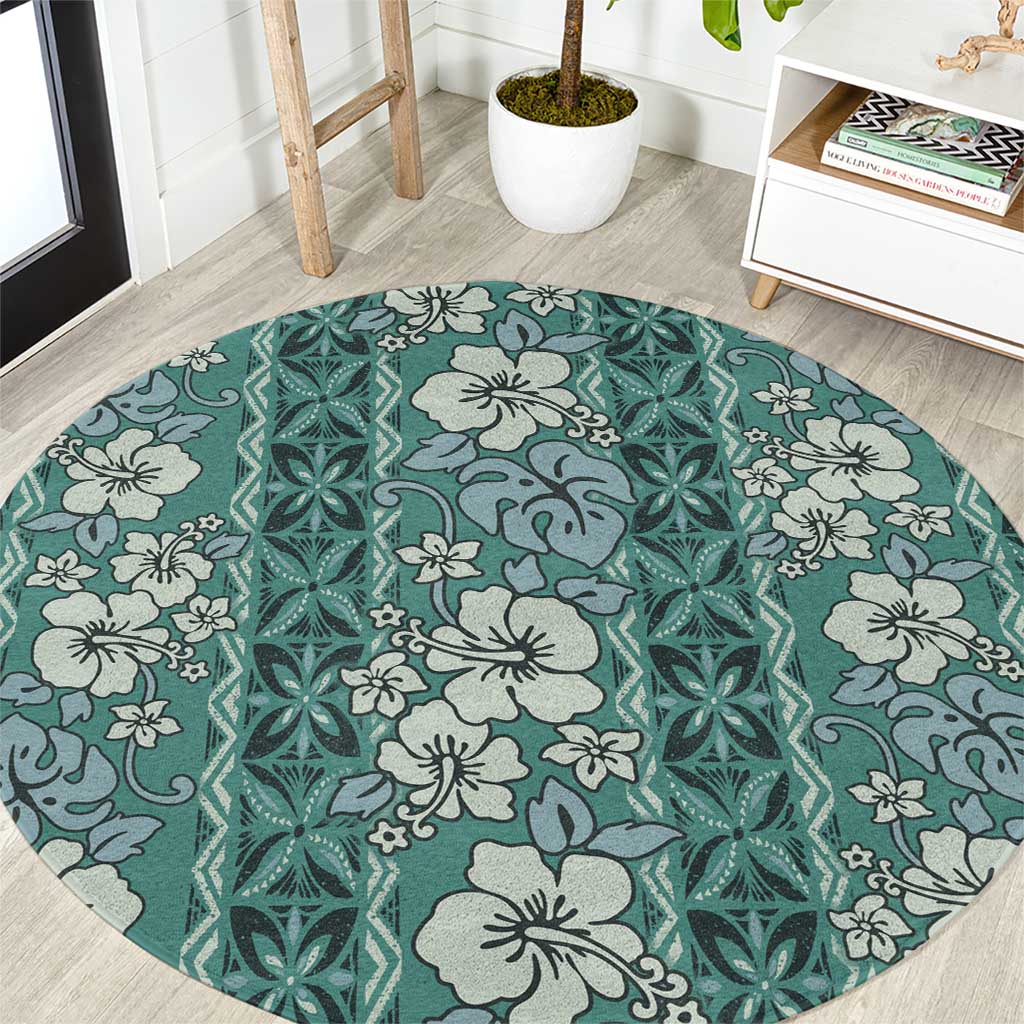 Hawaii Vintage Green Hibiscus Tapa Pattern Round Carpet LT05 Green - Polynesian Pride