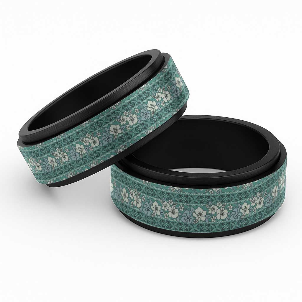 Hawaii Vintage Green Hibiscus Tapa Pattern Spinner Ring LT05 Black Green - Polynesian Pride