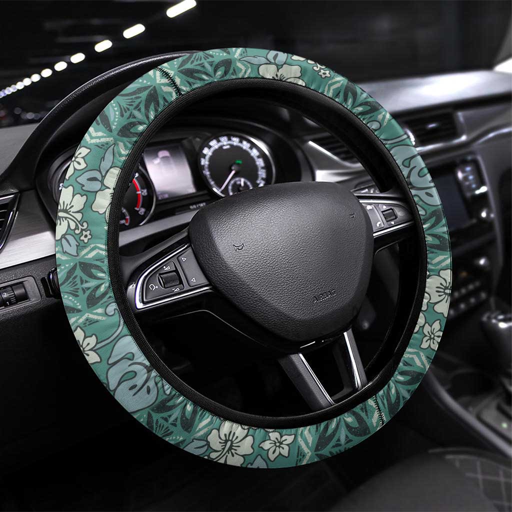 Hawaii Vintage Green Hibiscus Tapa Pattern Steering Wheel Cover