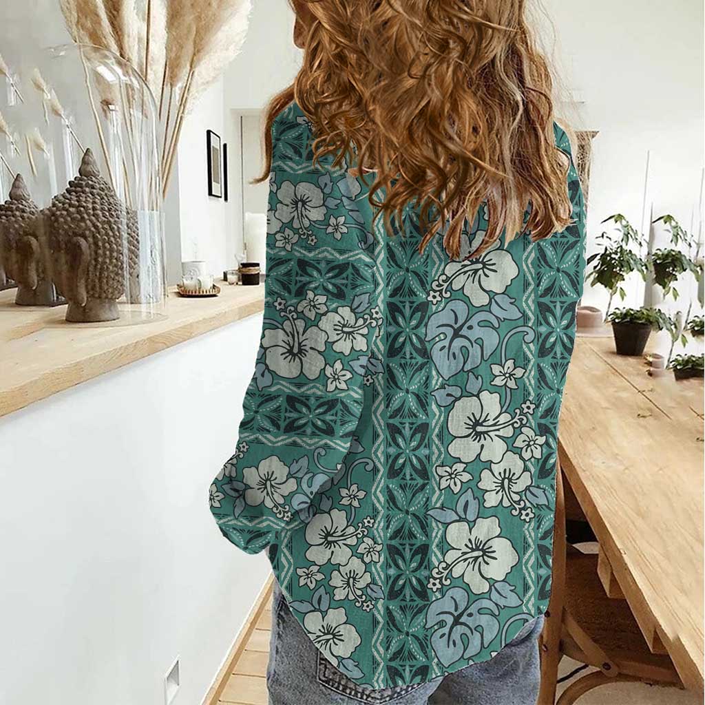 Hawaii Vintage Green Hibiscus Tapa Pattern Women Casual Shirt LT05 - Polynesian Pride