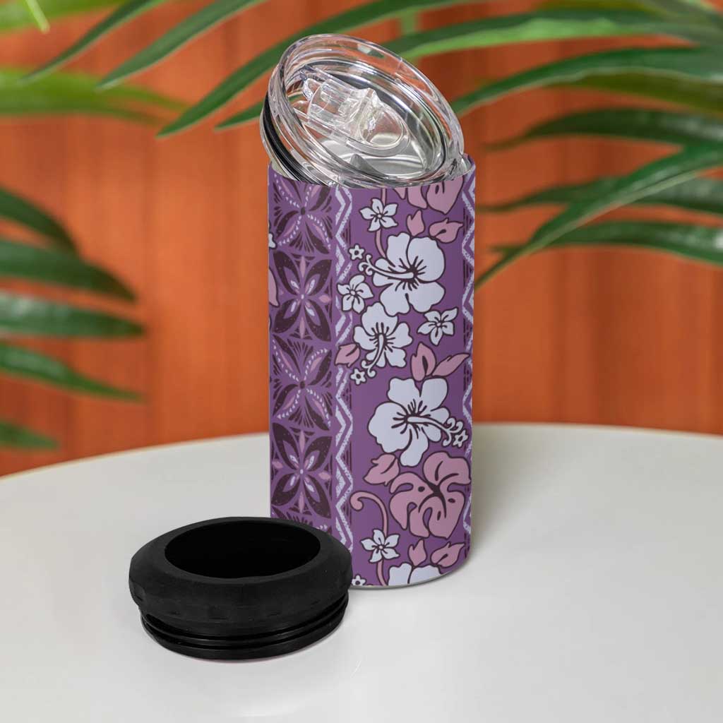 Hawaii Vintage Violet Hibiscus Tapa Pattern 4 in 1 Can Cooler Tumbler LT05 - Polynesian Pride