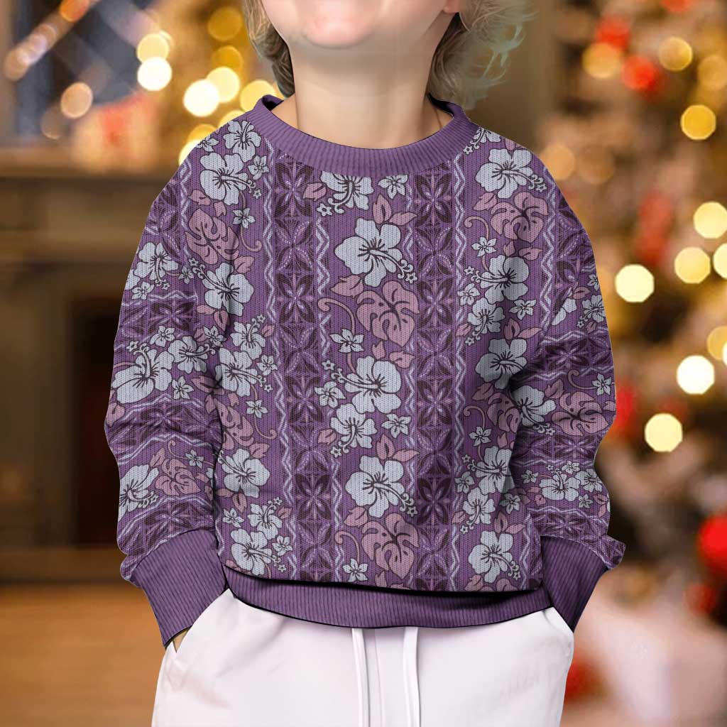 Hawaii Vintage Violet Hibiscus Tapa Pattern Kid Ugly Christmas Sweater LT05 - Polynesian Pride