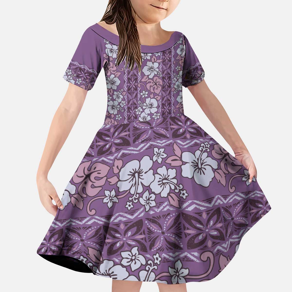 Hawaii Vintage Violet Hibiscus Tapa Pattern Kid Short Sleeve Dress LT05 KID Violet - Polynesian Pride