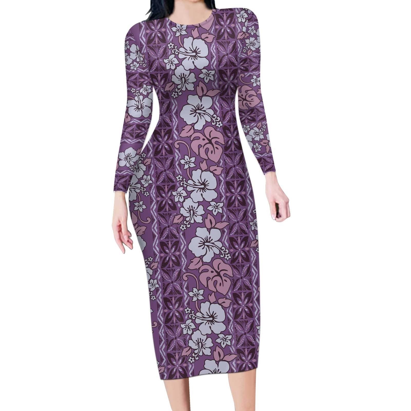 Hawaii Vintage Violet Hibiscus Tapa Pattern Long Sleeve Bodycon Dress LT05 Long Dress Violet - Polynesian Pride