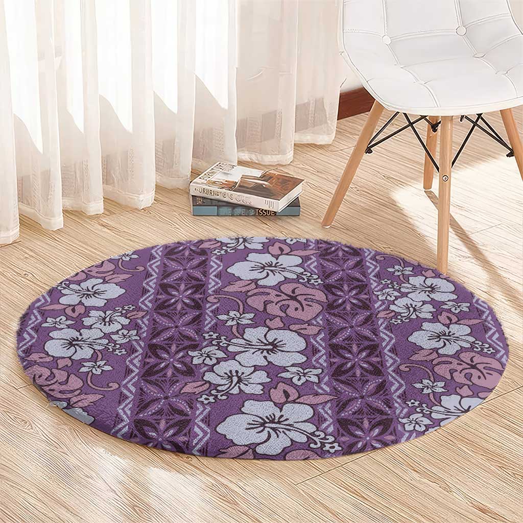 Hawaii Vintage Violet Hibiscus Tapa Pattern Round Carpet LT05 - Polynesian Pride