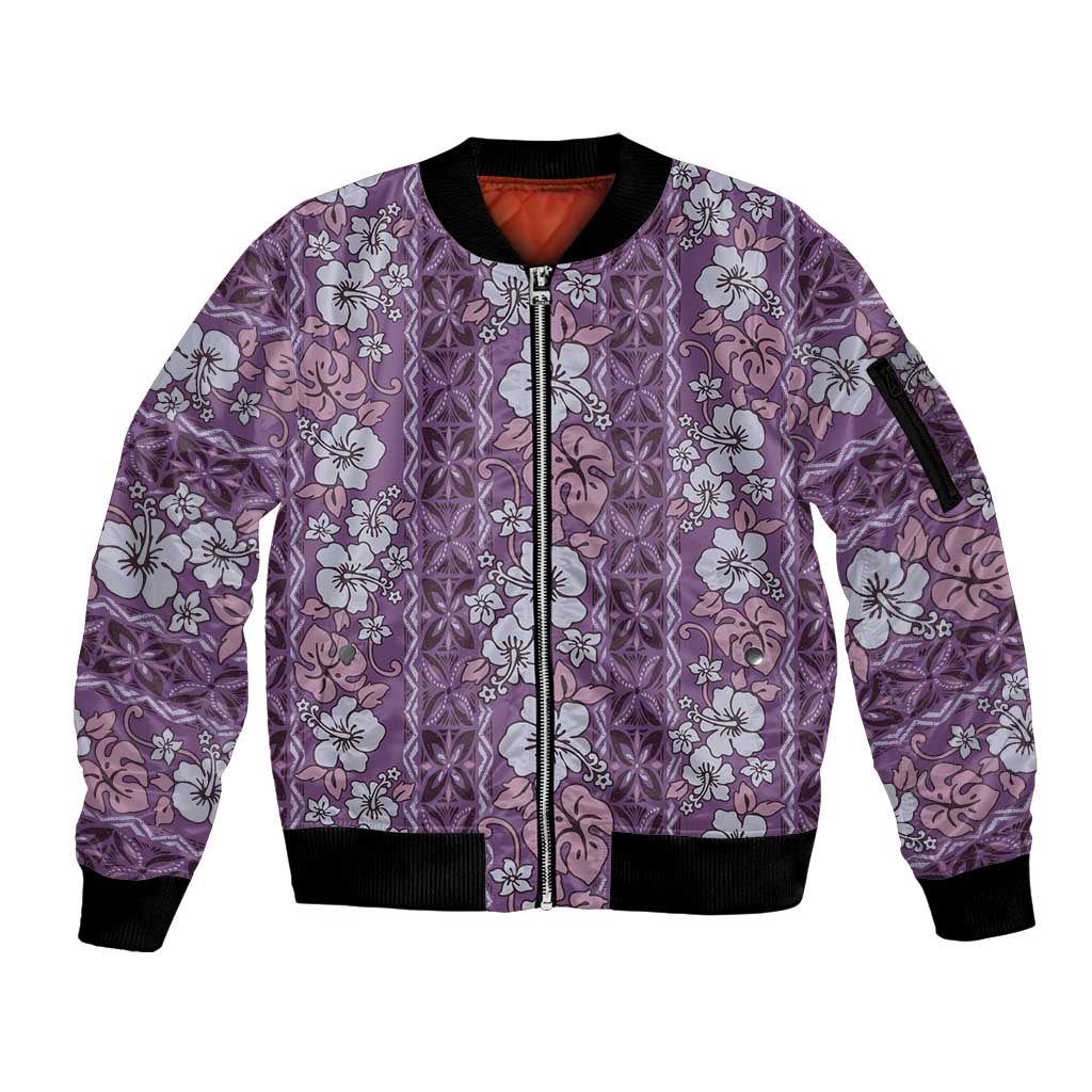 Hawaii Vintage Violet Hibiscus Tapa Pattern Sleeve Zip Bomber Jacket LT05 Unisex Violet - Polynesian Pride