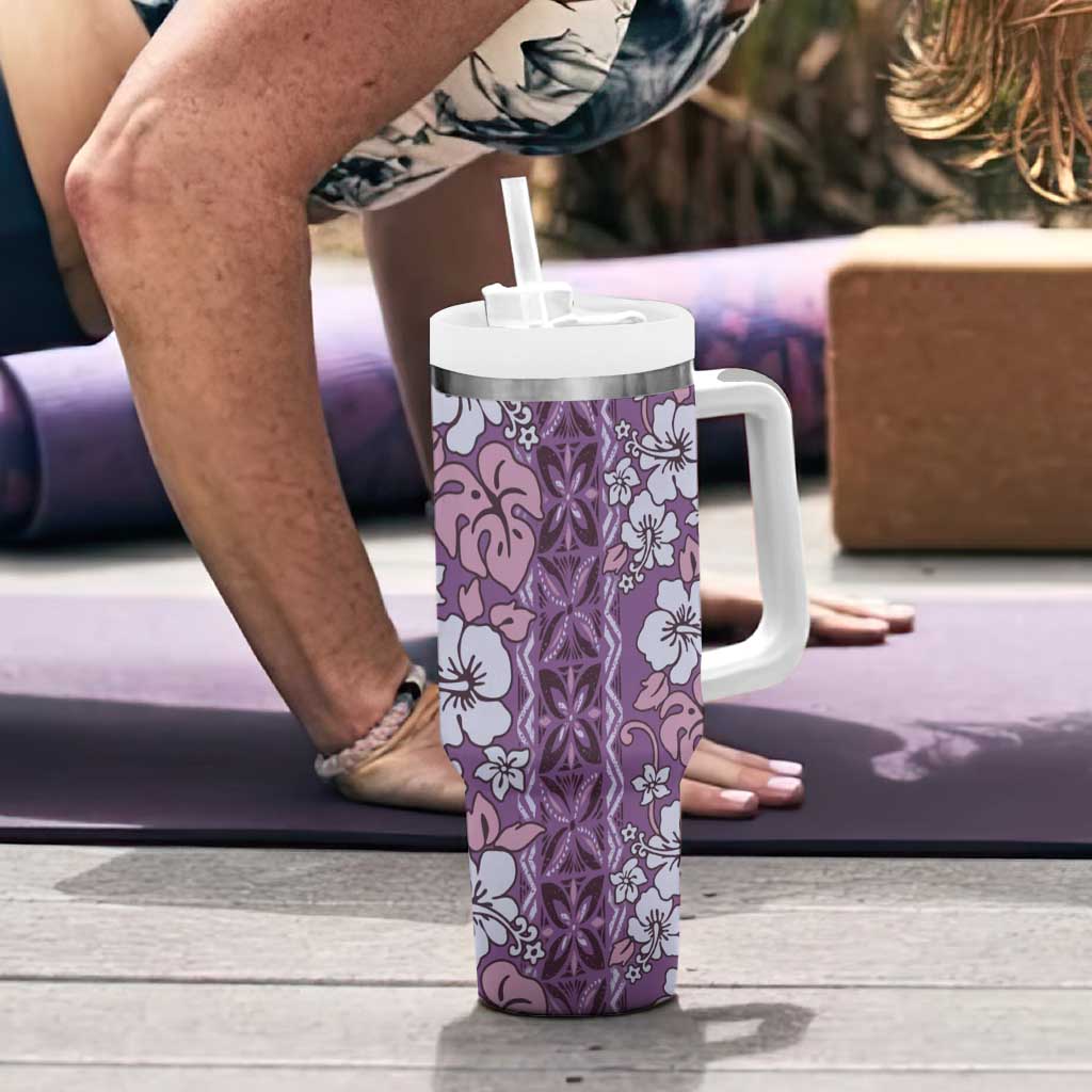 Hawaii Vintage Violet Hibiscus Tapa Pattern Tumbler With Handle LT05 - Polynesian Pride