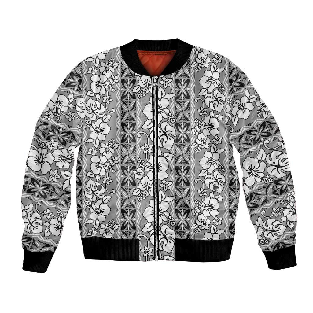 Hawaii Vintage Gray Hibiscus Tapa Pattern Bomber Jacket LT05 Unisex Gray - Polynesian Pride