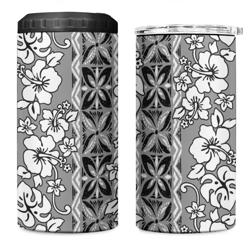Hawaii Vintage Gray Hibiscus Tapa Pattern 4 in 1 Can Cooler Tumbler LT05 One Size: 16 oz Gray - Polynesian Pride