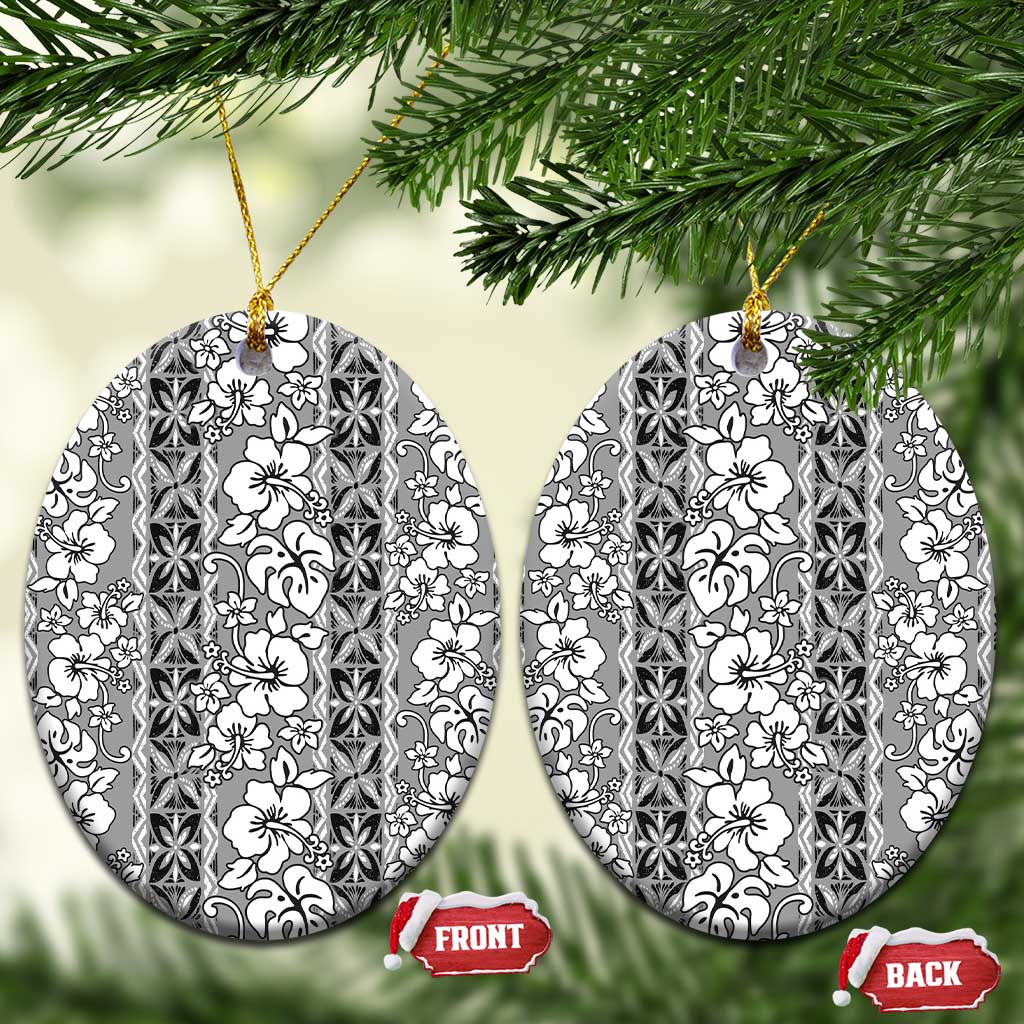 Hawaii Vintage Gray Hibiscus Tapa Pattern Ceramic Ornament LT05 Oval Gray - Polynesian Pride