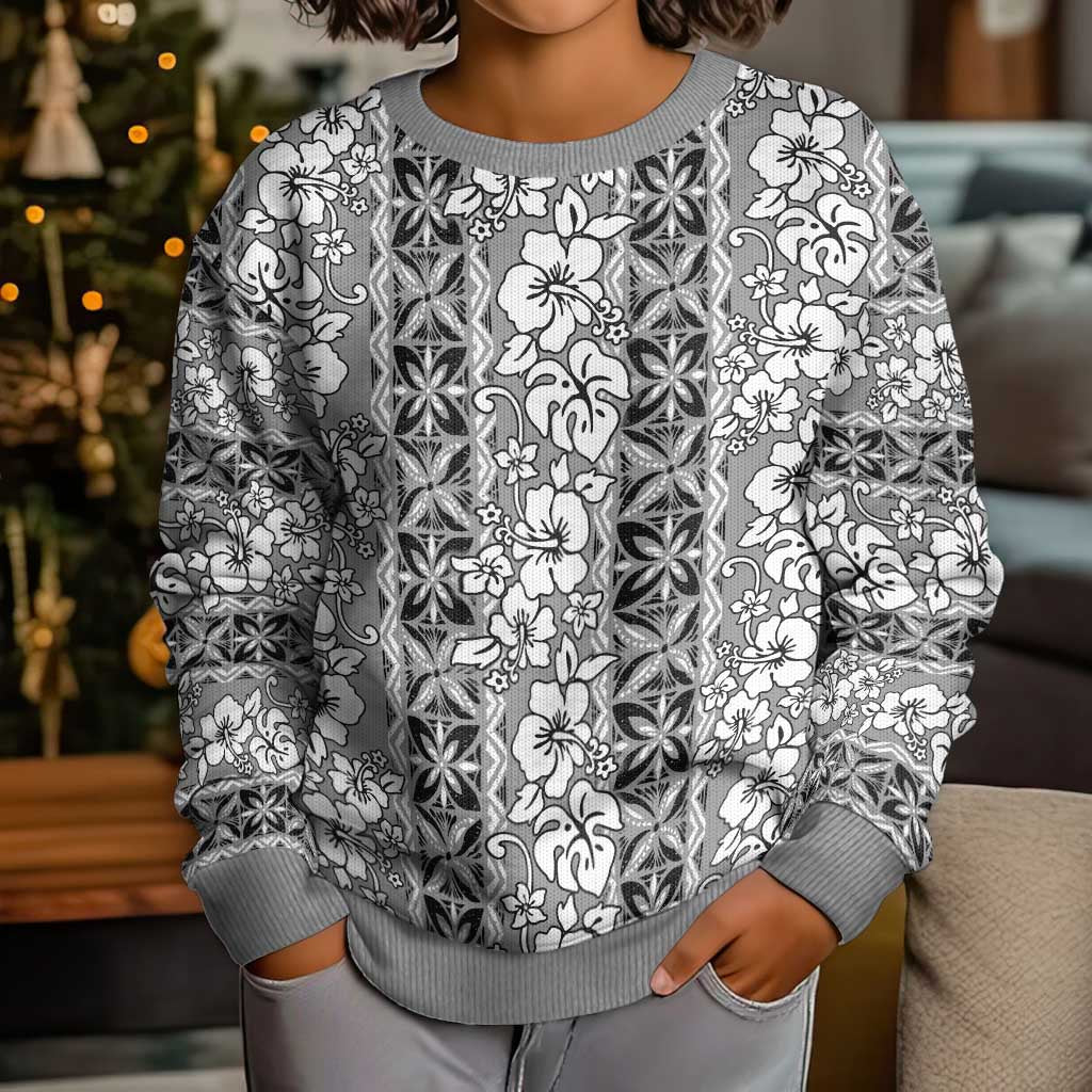 Hawaii Vintage Gray Hibiscus Tapa Pattern Kid Ugly Christmas Sweater LT05 - Polynesian Pride