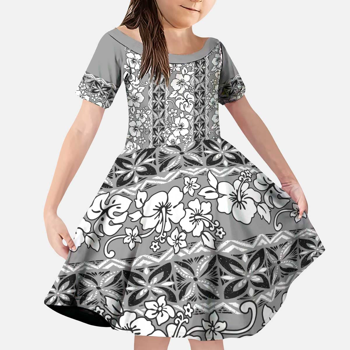 Hawaii Vintage Gray Hibiscus Tapa Pattern Kid Short Sleeve Dress LT05 KID Gray - Polynesian Pride