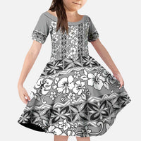 Hawaii Vintage Gray Hibiscus Tapa Pattern Kid Short Sleeve Dress LT05 KID Gray - Polynesian Pride