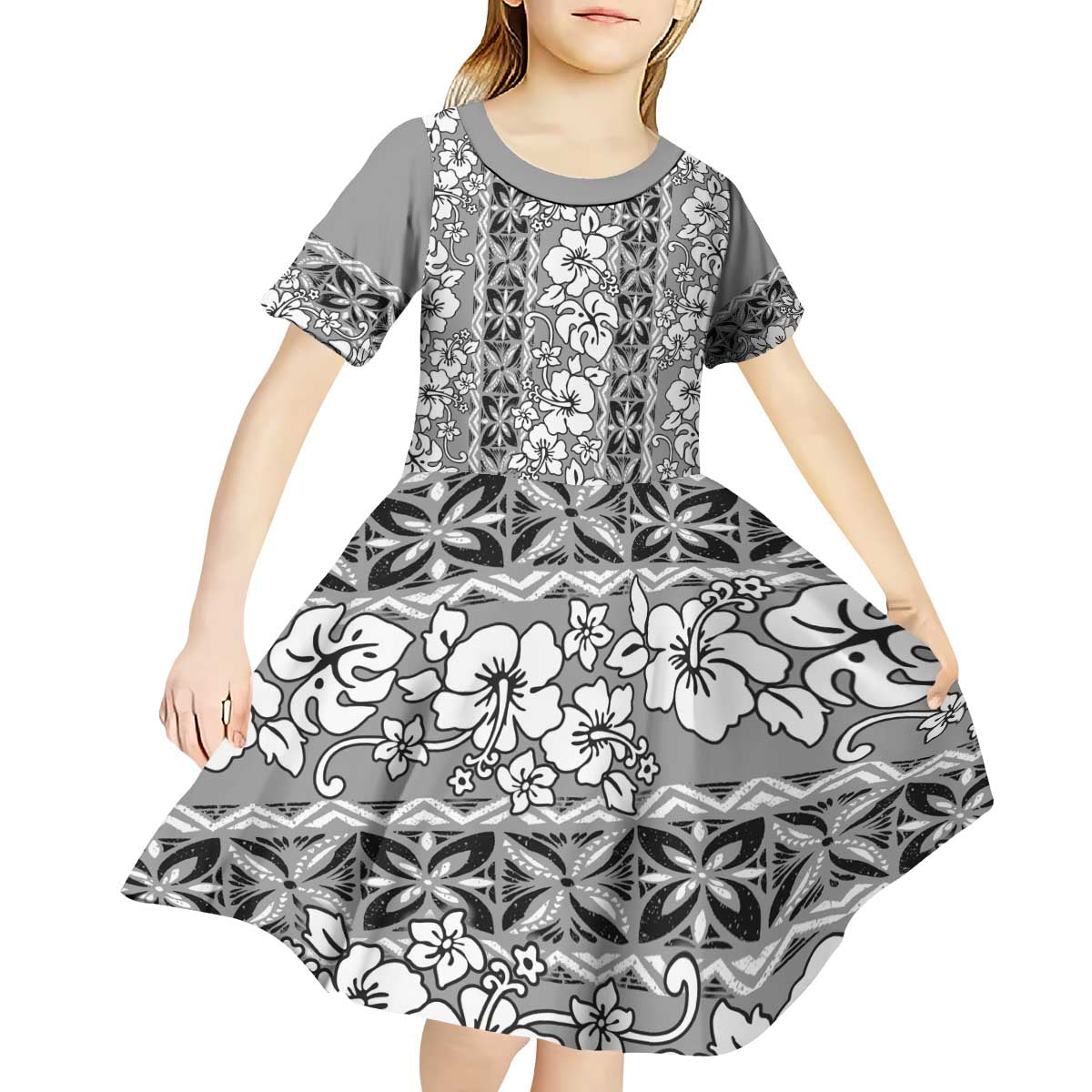 Hawaii Vintage Gray Hibiscus Tapa Pattern Kid Short Sleeve Dress LT05 - Polynesian Pride