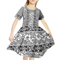 Hawaii Vintage Gray Hibiscus Tapa Pattern Kid Short Sleeve Dress LT05 - Polynesian Pride