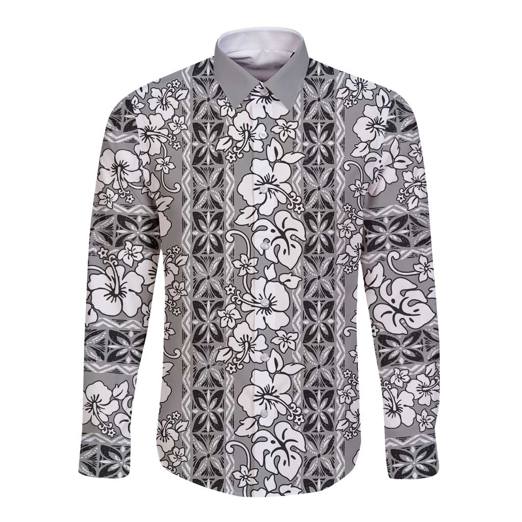 Hawaii Vintage Gray Hibiscus Tapa Pattern Long Sleeve Button Shirt LT05 Unisex Gray - Polynesian Pride